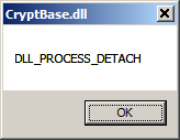 [Screen shot of message box from _DllMainCRTStartup() of CryptBase.dll]